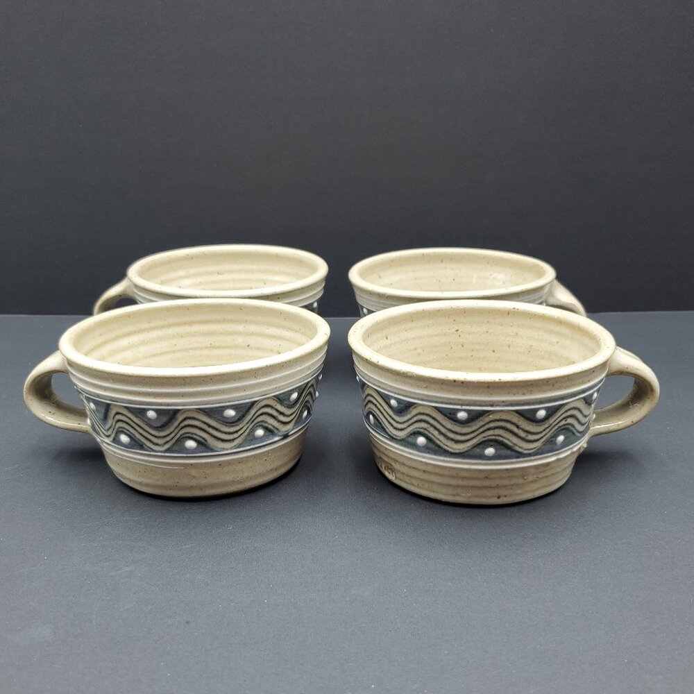 Pottery Mugs Gray Tan Blue White Rustic Ribbed Embossed Pottery Mugs